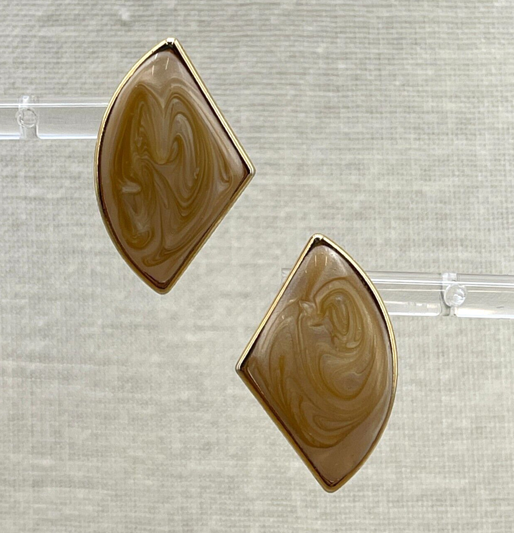 Gold Tone Stud Earrings w/ Creamy Swirl Enamel Secure Lock Back Closure